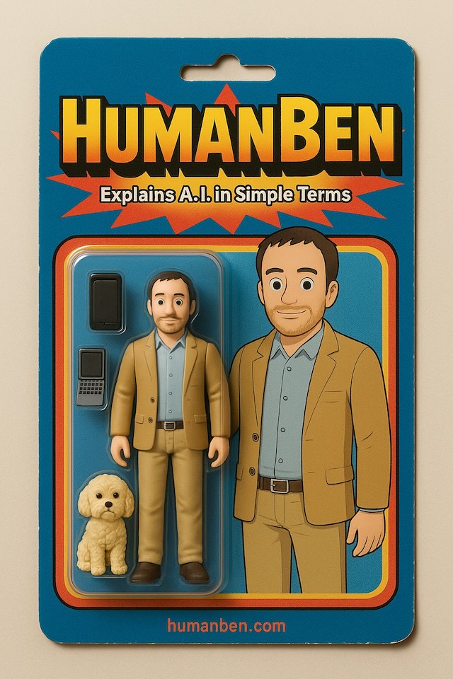 An A.I. generated image of an action figure toy in plastic packaging